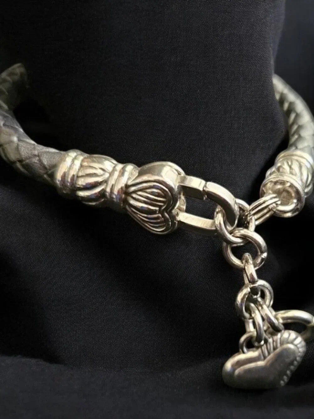 Black Braided Leather Band Silvertone Heart Charm Ladies Quartz Watch